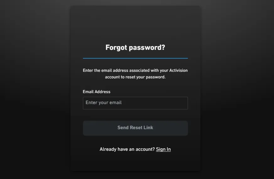 صفحه Forgot Password اکتیویژن برای بازیابی رمز عبور اکانت کالاف دیوتی موبایل